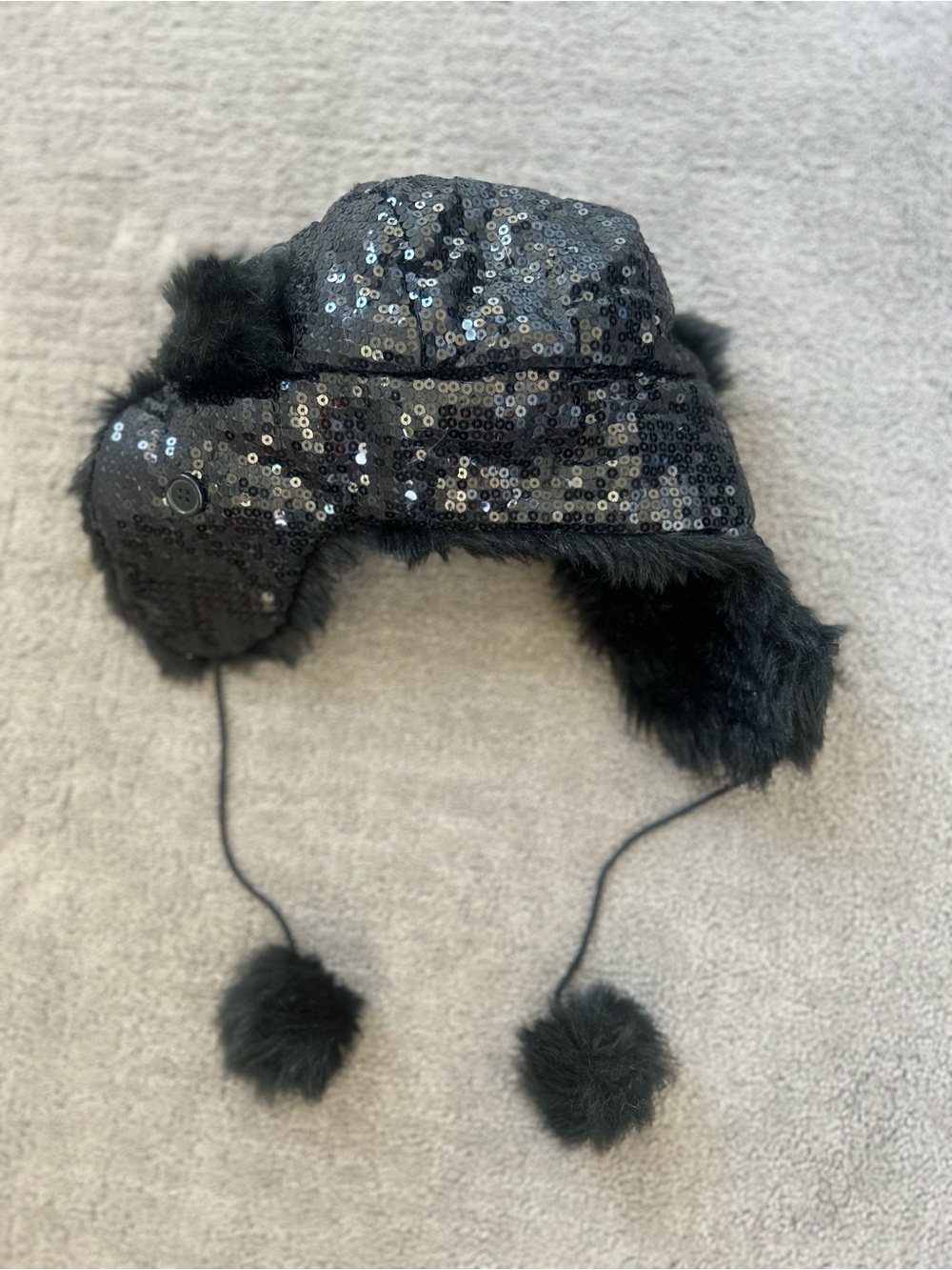 Steve Madden Black Faux Fur Trapper Hat with Pom Details